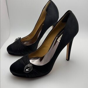 EUC - Badgley Mischka ODell Jeweled Black Satin Platform Pumps w/ box, dust bag